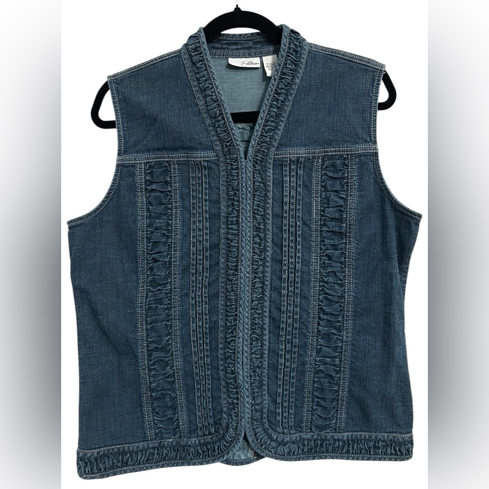 Chico's Platinum Retro '80s  ‘90s Dark Blue Jean Denim Ruffled Eyelet‎ Vest Sz 2